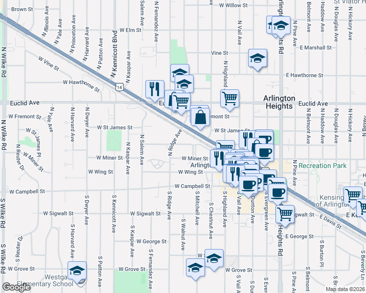 map of restaurants, bars, coffee shops, grocery stores, and more near 502 West Miner Street in Arlington Heights