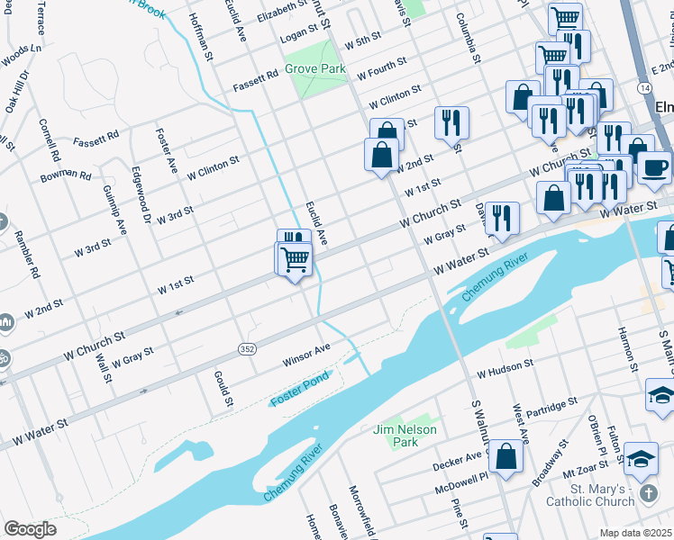 map of restaurants, bars, coffee shops, grocery stores, and more near 618 West Gray Street in Elmira