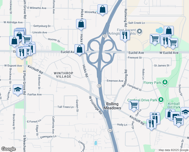 map of restaurants, bars, coffee shops, grocery stores, and more near 2240 Hicks Road in Rolling Meadows