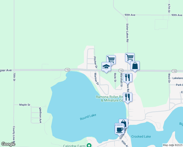 map of restaurants, bars, coffee shops, grocery stores, and more near 68367 Michigan 152 in Benton Harbor