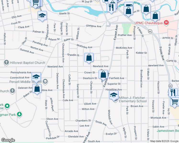 map of restaurants, bars, coffee shops, grocery stores, and more near 110 Charles Street in Jamestown