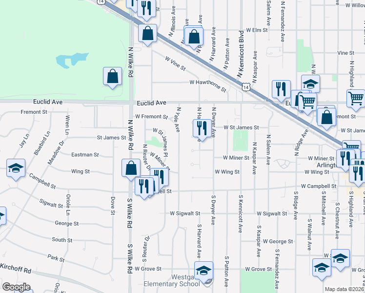 map of restaurants, bars, coffee shops, grocery stores, and more near 247 North Yale Avenue in Arlington Heights