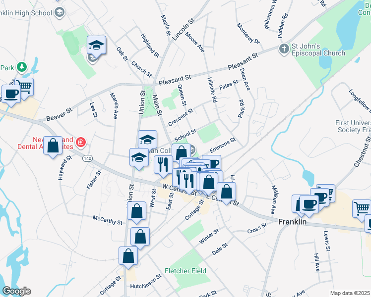 map of restaurants, bars, coffee shops, grocery stores, and more near 99 Main Street in Franklin