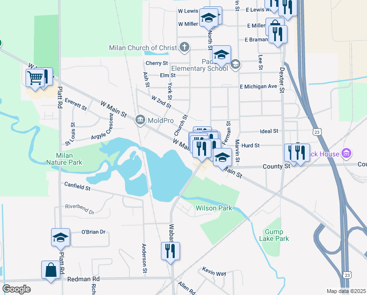 map of restaurants, bars, coffee shops, grocery stores, and more near 67 West Main Street in Milan