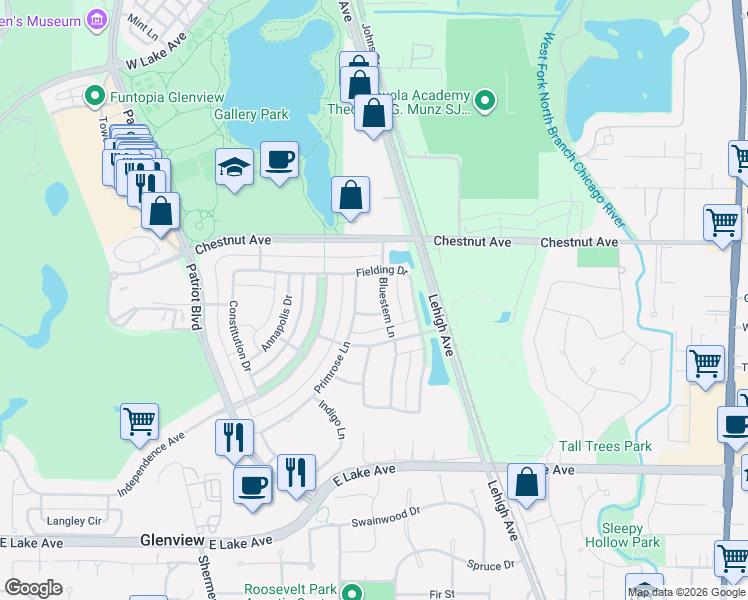 map of restaurants, bars, coffee shops, grocery stores, and more near 1709 Bluestem Lane in Glenview