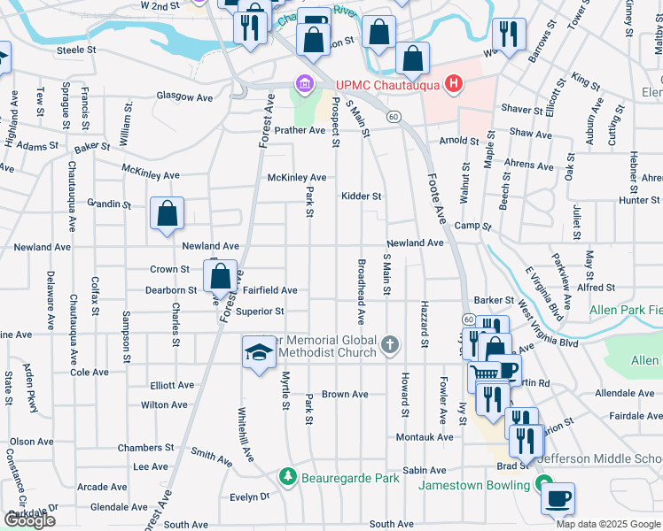 map of restaurants, bars, coffee shops, grocery stores, and more near 214 Prospect Street in Jamestown