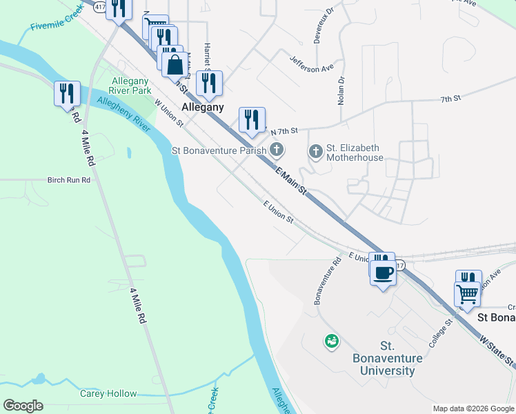 map of restaurants, bars, coffee shops, grocery stores, and more near 113 East Union Street in Allegany