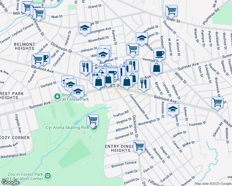 map of restaurants, bars, coffee shops, grocery stores, and more near 448 Dickinson Street in Springfield
