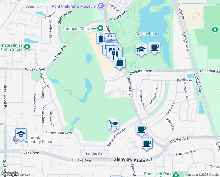 map of restaurants, bars, coffee shops, grocery stores, and more near 2868 Commons Drive in Glenview