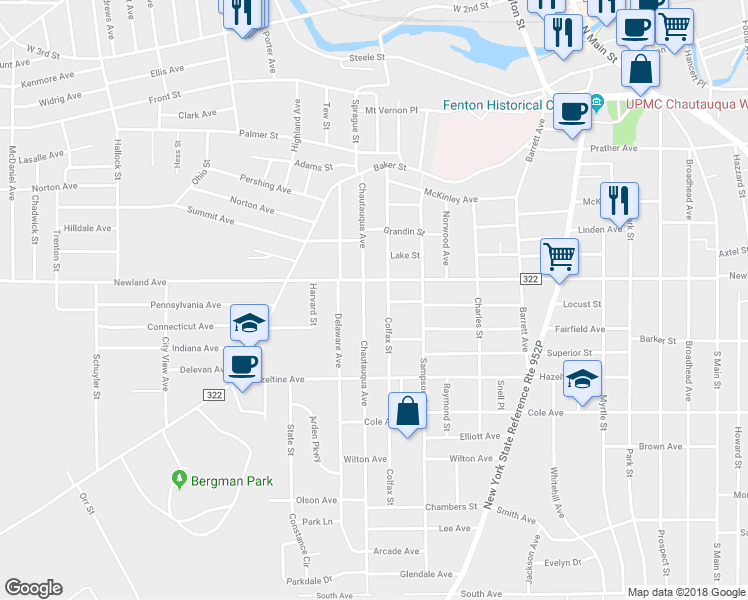 map of restaurants, bars, coffee shops, grocery stores, and more near 118 Colfax Street in Jamestown