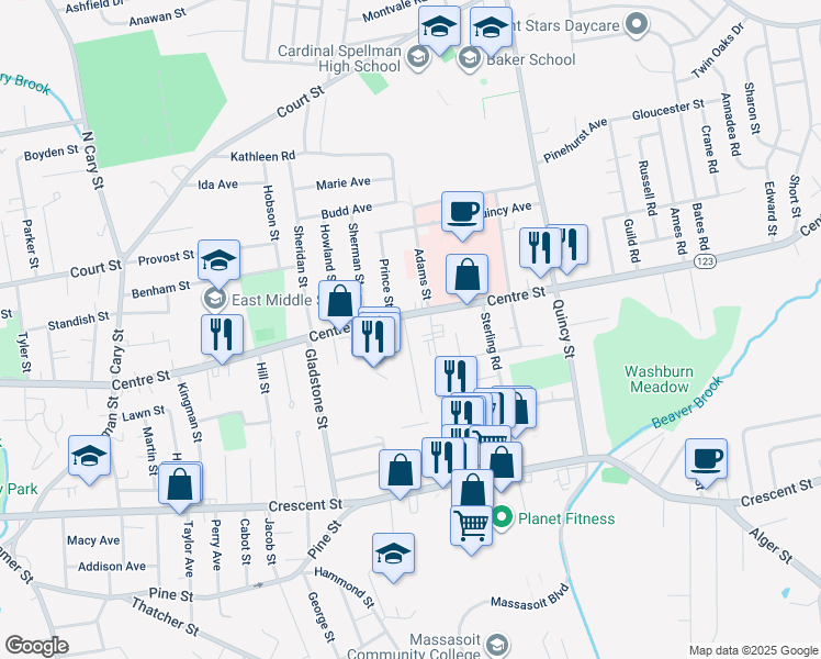 map of restaurants, bars, coffee shops, grocery stores, and more near 2 Galen Street in Brockton