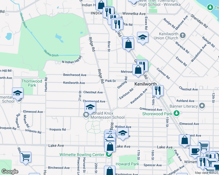 map of restaurants, bars, coffee shops, grocery stores, and more near 640 Kenilworth Terrace in Kenilworth