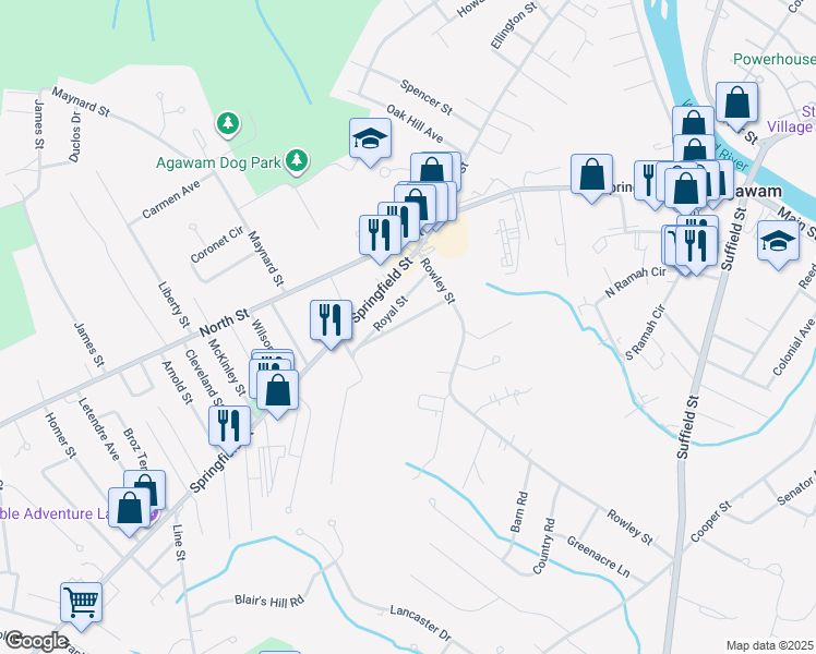 map of restaurants, bars, coffee shops, grocery stores, and more near 43 Randall Street in Agawam