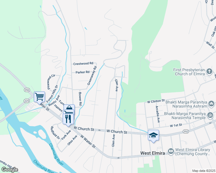map of restaurants, bars, coffee shops, grocery stores, and more near 517 Larchmont Road in Elmira