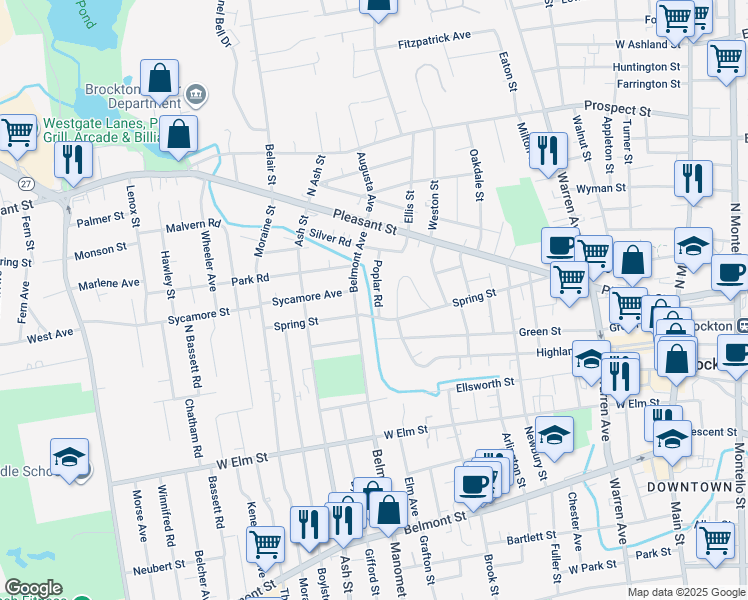 map of restaurants, bars, coffee shops, grocery stores, and more near 14 Poplar Road in Brockton