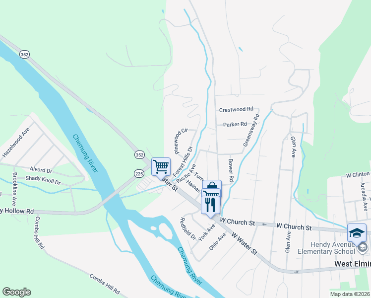 map of restaurants, bars, coffee shops, grocery stores, and more near 33 Forest Hills Drive in Elmira