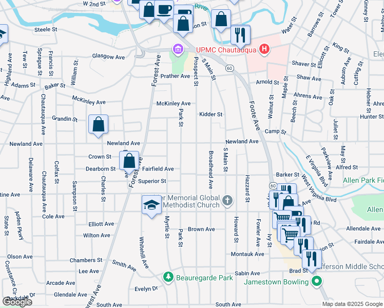 map of restaurants, bars, coffee shops, grocery stores, and more near 214 Prospect Street in Jamestown