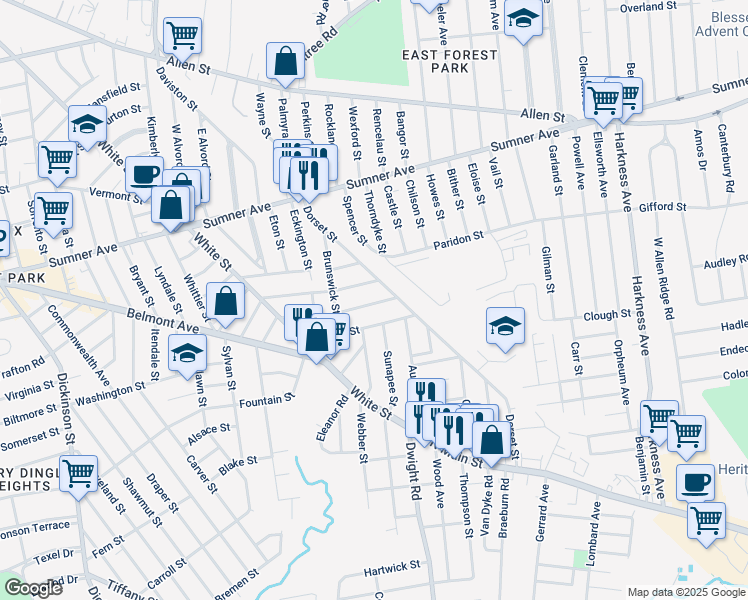 map of restaurants, bars, coffee shops, grocery stores, and more near 44 Blodgett Street in Springfield