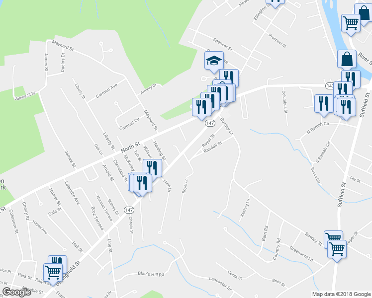 map of restaurants, bars, coffee shops, grocery stores, and more near 394 Springfield Street in Agawam