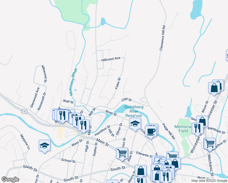 map of restaurants, bars, coffee shops, grocery stores, and more near 69 Fiske Street in Southbridge