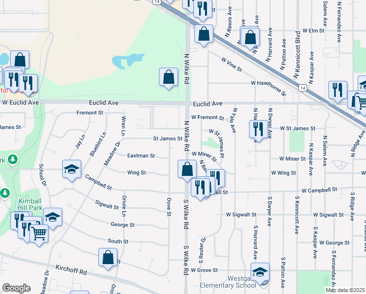 map of restaurants, bars, coffee shops, grocery stores, and more near 2303 Wilke Road in Rolling Meadows