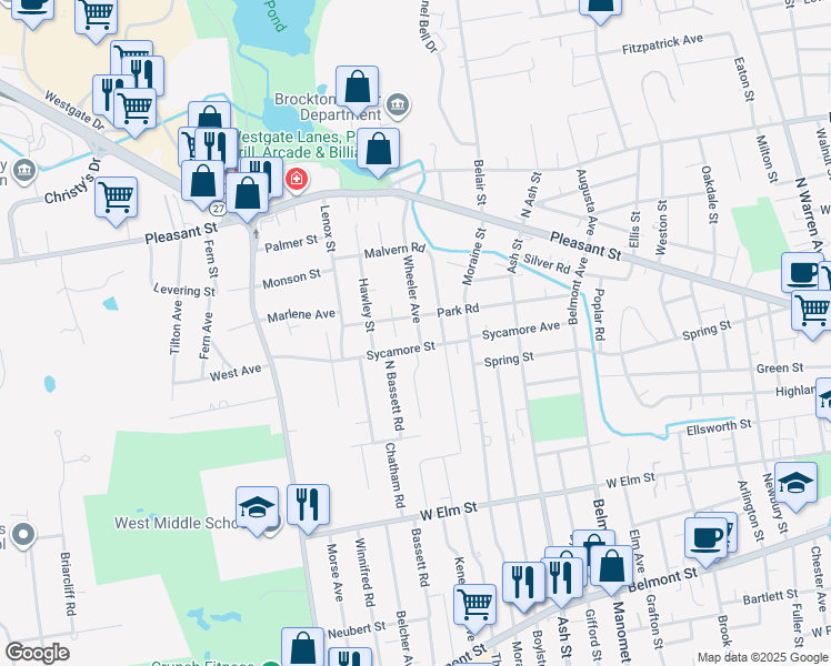 map of restaurants, bars, coffee shops, grocery stores, and more near 113 Wheeler Avenue in Brockton