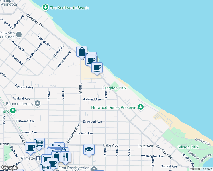 map of restaurants, bars, coffee shops, grocery stores, and more near 1403 Sheridan Road in Wilmette