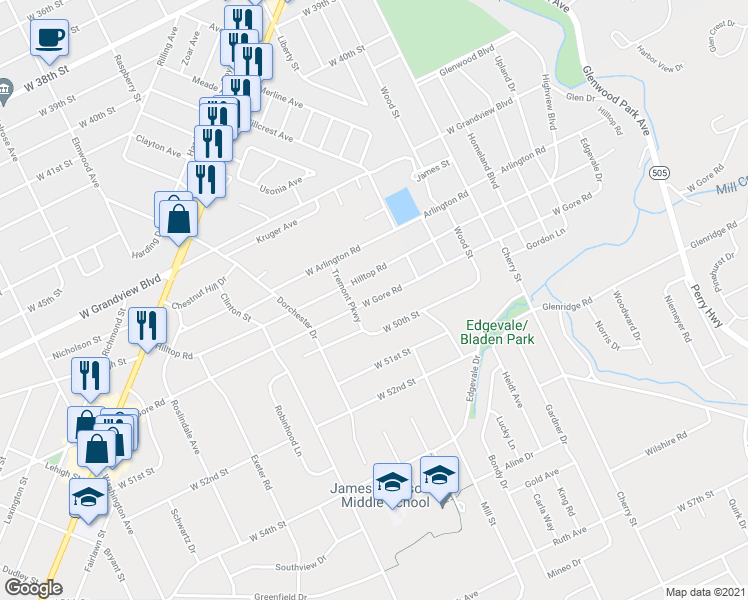 map of restaurants, bars, coffee shops, grocery stores, and more near 857 West Gore Road in Erie