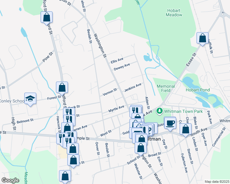 map of restaurants, bars, coffee shops, grocery stores, and more near 26 Vernon Street in Whitman