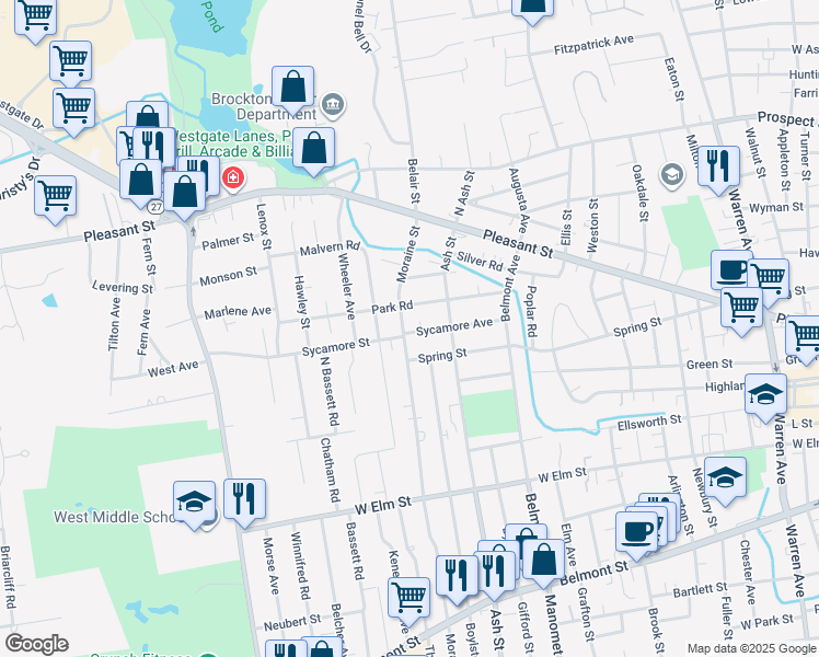map of restaurants, bars, coffee shops, grocery stores, and more near 70 Sycamore Avenue in Brockton