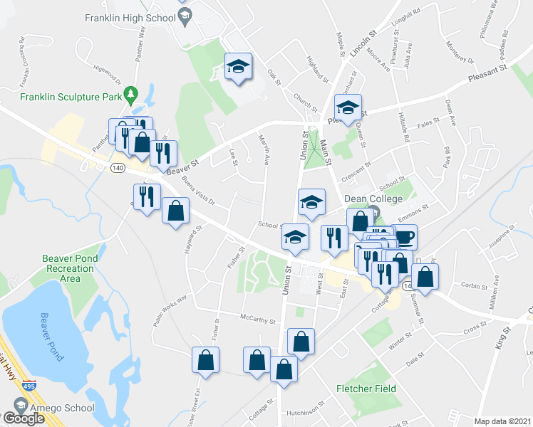 map of restaurants, bars, coffee shops, grocery stores, and more near 11 Marvin Ave in Franklin