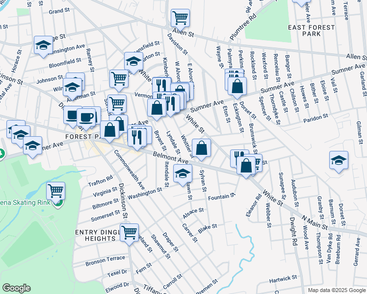 map of restaurants, bars, coffee shops, grocery stores, and more near 87 Whittier Street in Springfield
