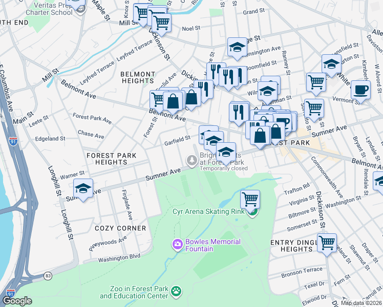 map of restaurants, bars, coffee shops, grocery stores, and more near 24 Sumner Terrace in Springfield