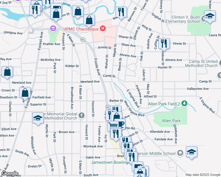 map of restaurants, bars, coffee shops, grocery stores, and more near 23 Linwood Avenue in Jamestown