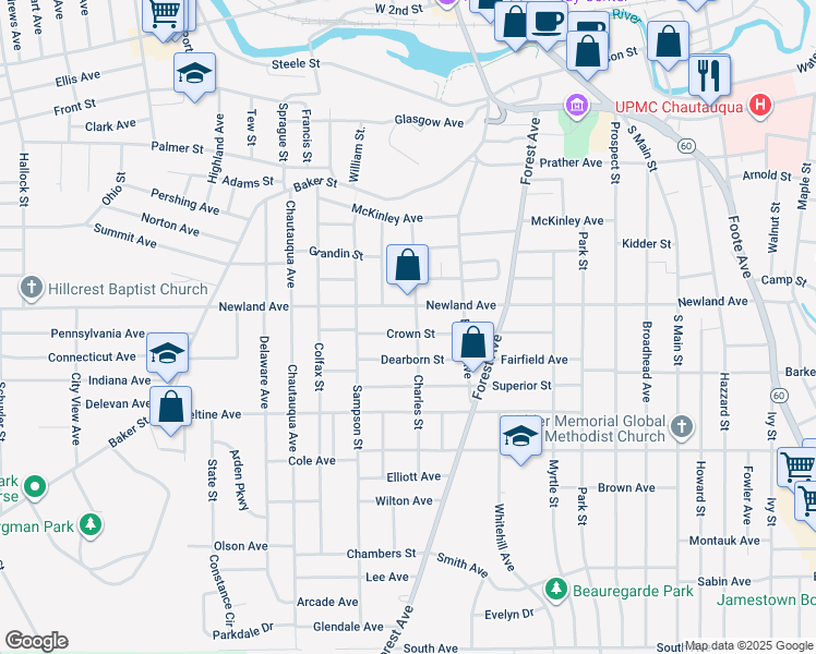 map of restaurants, bars, coffee shops, grocery stores, and more near 110 Charles Street in Jamestown