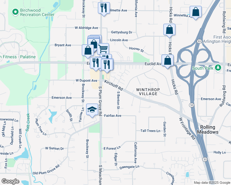 map of restaurants, bars, coffee shops, grocery stores, and more near 302 Fairfax in Rolling Meadows