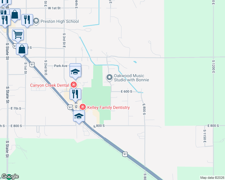 map of restaurants, bars, coffee shops, grocery stores, and more near 599 East Aspen Circle in Preston