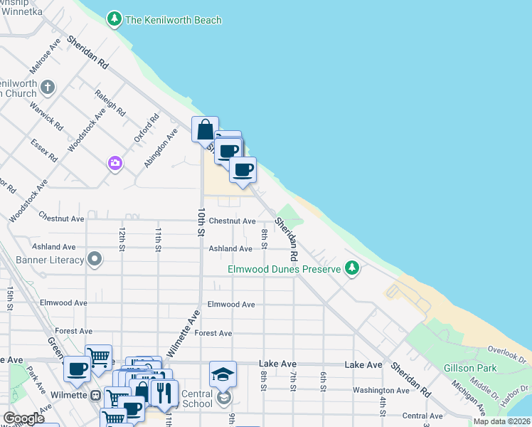 map of restaurants, bars, coffee shops, grocery stores, and more near 1403 Sheridan Road in Wilmette