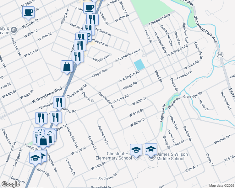 map of restaurants, bars, coffee shops, grocery stores, and more near 915 Hilltop Road in Erie