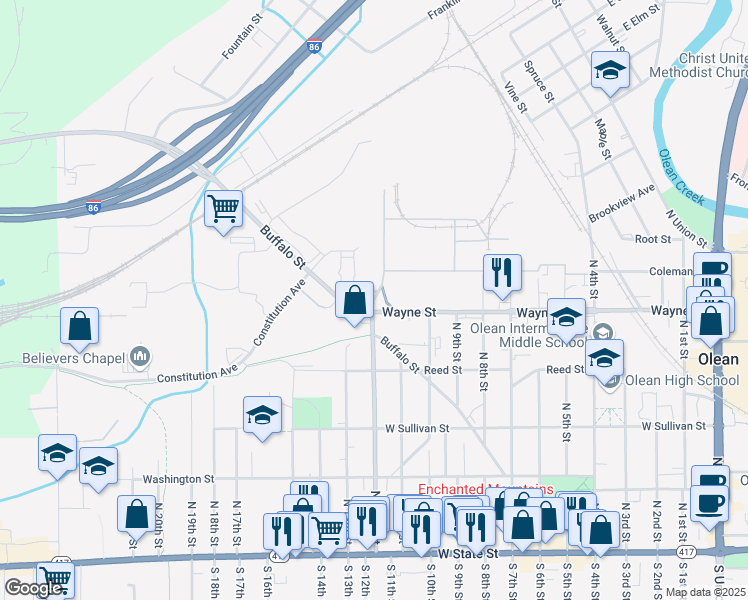 map of restaurants, bars, coffee shops, grocery stores, and more near Paul Clark Drive in Olean