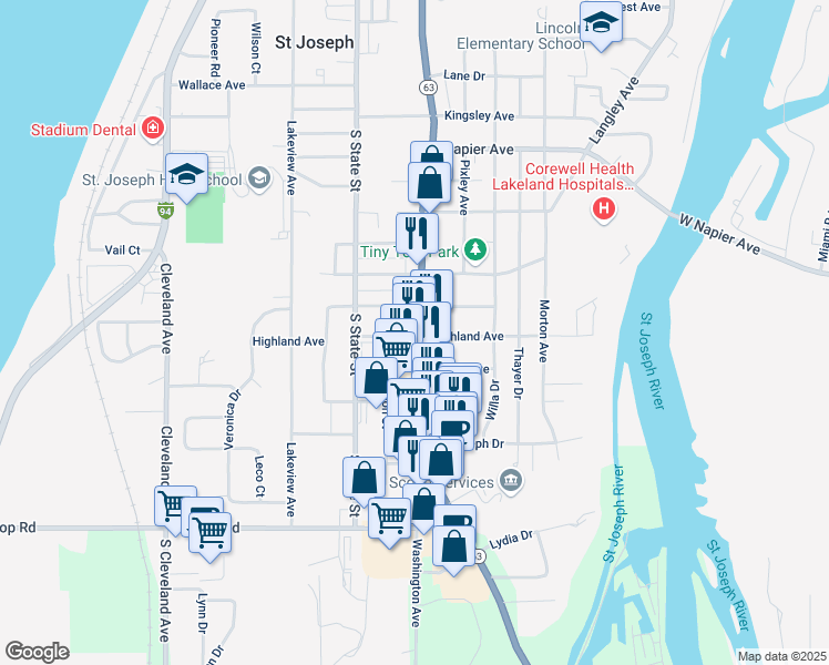 map of restaurants, bars, coffee shops, grocery stores, and more near 2732 Niles Avenue in Saint Joseph