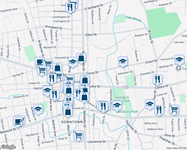 map of restaurants, bars, coffee shops, grocery stores, and more near 10 Commercial Street in Brockton