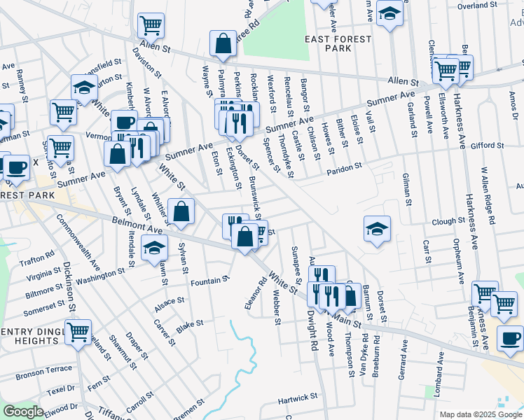 map of restaurants, bars, coffee shops, grocery stores, and more near 87 Brunswick Street in Springfield