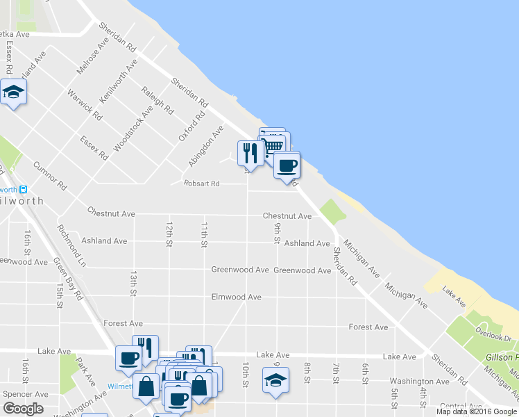 map of restaurants, bars, coffee shops, grocery stores, and more near 920 Chestnut Avenue in Wilmette