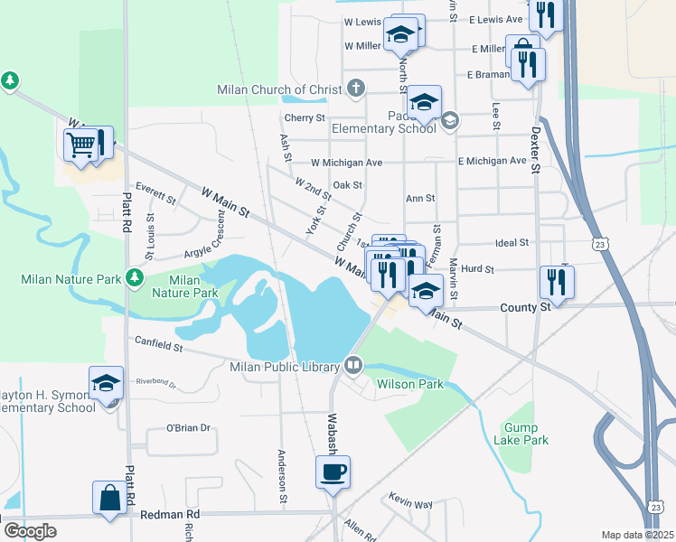 map of restaurants, bars, coffee shops, grocery stores, and more near 89 West Main Street in Milan