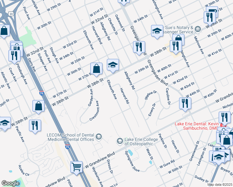 map of restaurants, bars, coffee shops, grocery stores, and more near 4001 Ellsworth Avenue in Erie