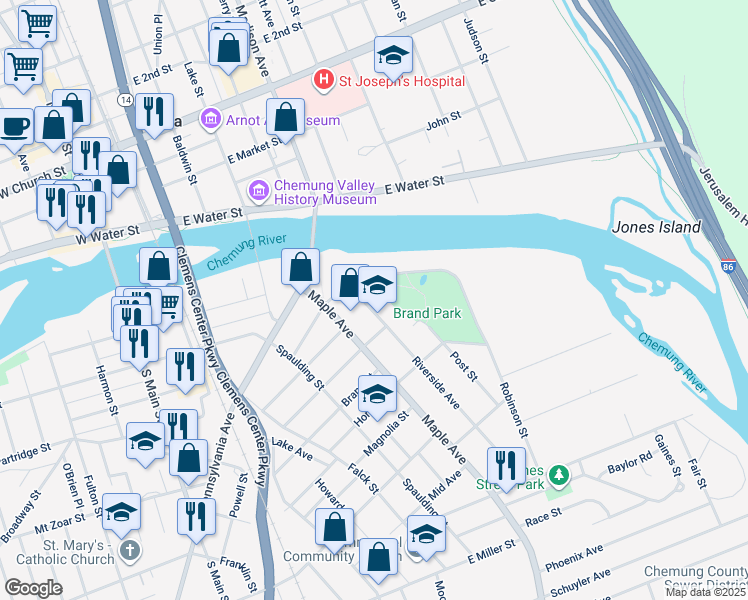 map of restaurants, bars, coffee shops, grocery stores, and more near 361 Riverside Avenue in Elmira