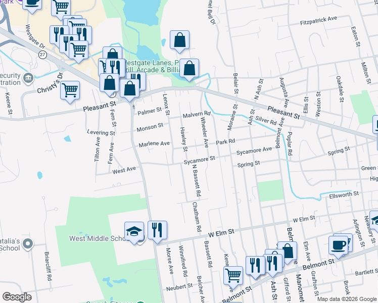 map of restaurants, bars, coffee shops, grocery stores, and more near 118 Hawley Street in Brockton