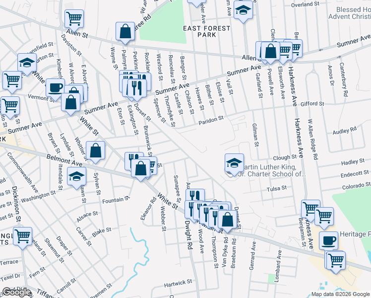map of restaurants, bars, coffee shops, grocery stores, and more near 171 Dorset Street in Springfield