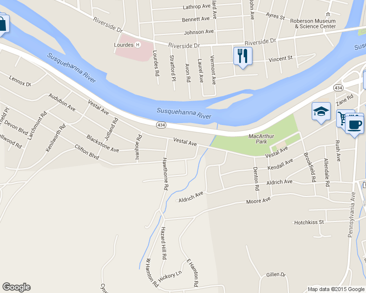 map of restaurants, bars, coffee shops, grocery stores, and more near 978 Vestal Avenue in Binghamton